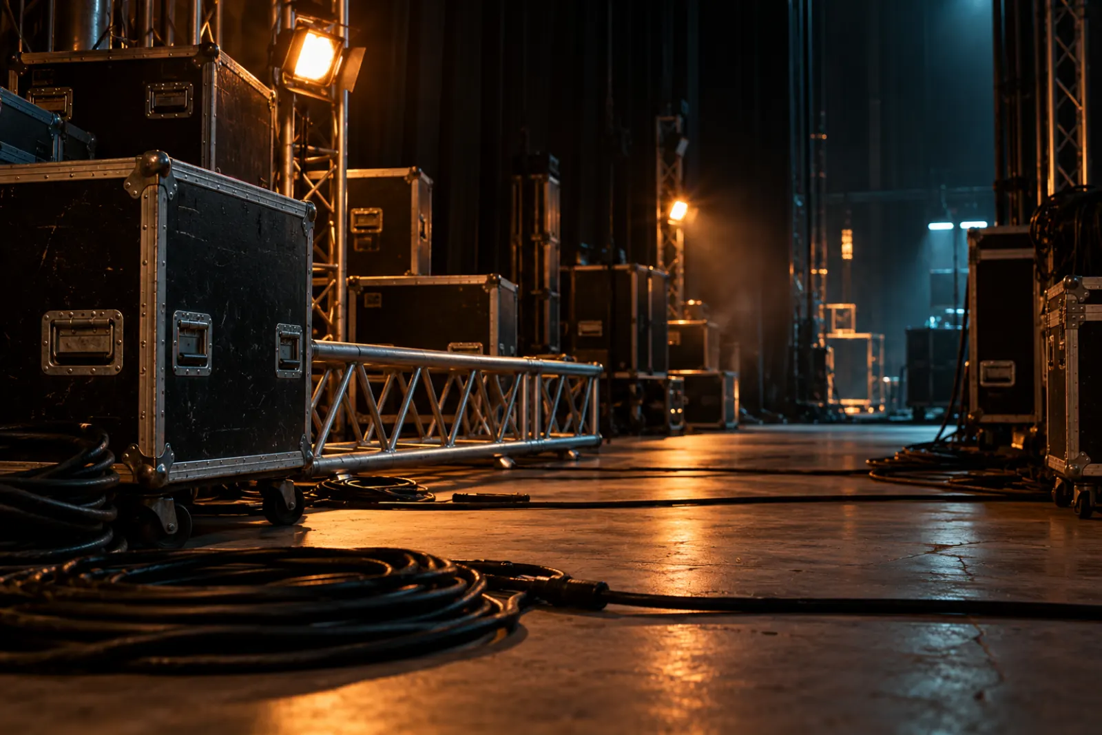 Backstage durante el montaje: flight cases, truss de aluminio y cables bajo luces de trabajo
