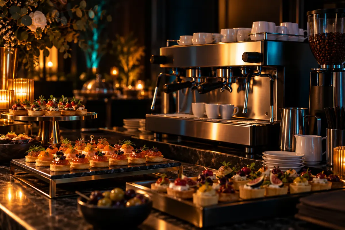 Estación de catering con pasabocas y máquina de café espresso para un evento