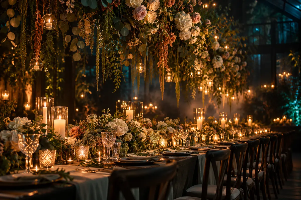 Instalación floral colgante sobre una mesa de banquete con velas