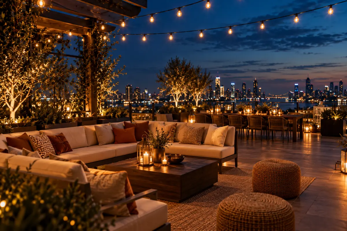 Terraza para eventos con salas lounge y luces colgantes al anochecer frente a la ciudad