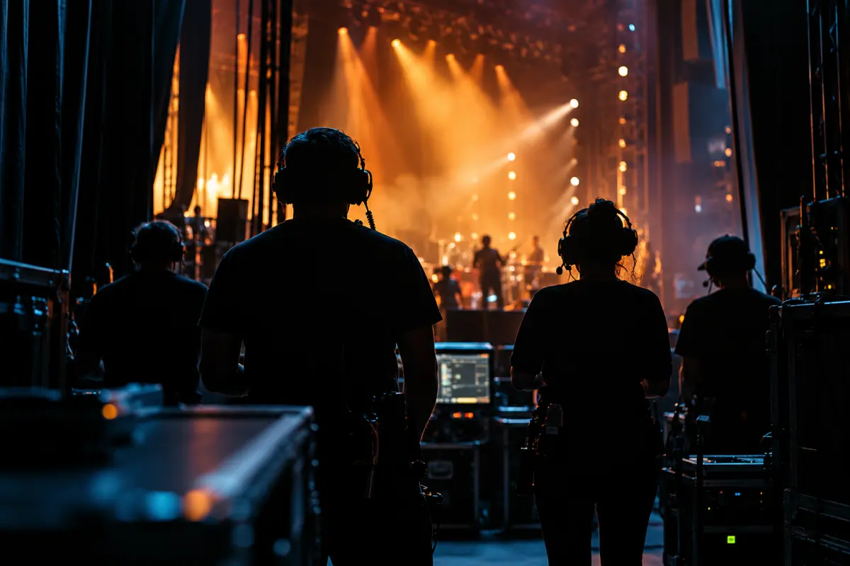 Siluetas del equipo de producción con diademas en el backstage de un escenario
