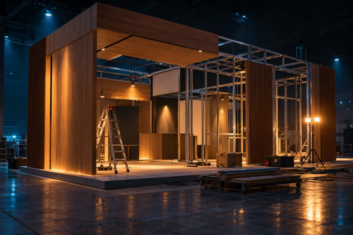 Stand en madera y aluminio en pleno montaje dentro de un recinto ferial