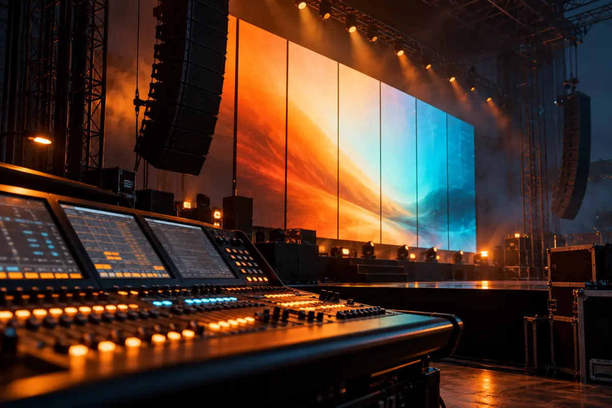 Pantalla LED modular encendida junto a torres de sonido y una consola de iluminación