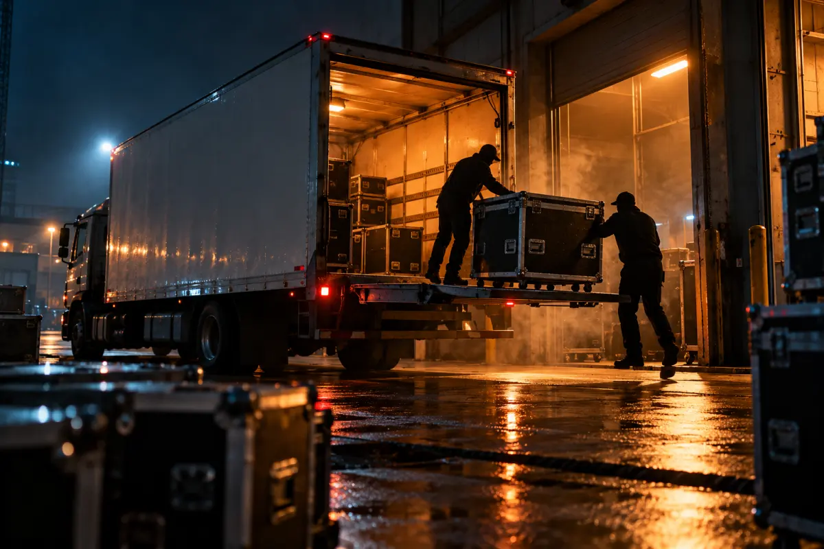Camión cargando flight cases en un muelle de carga de noche